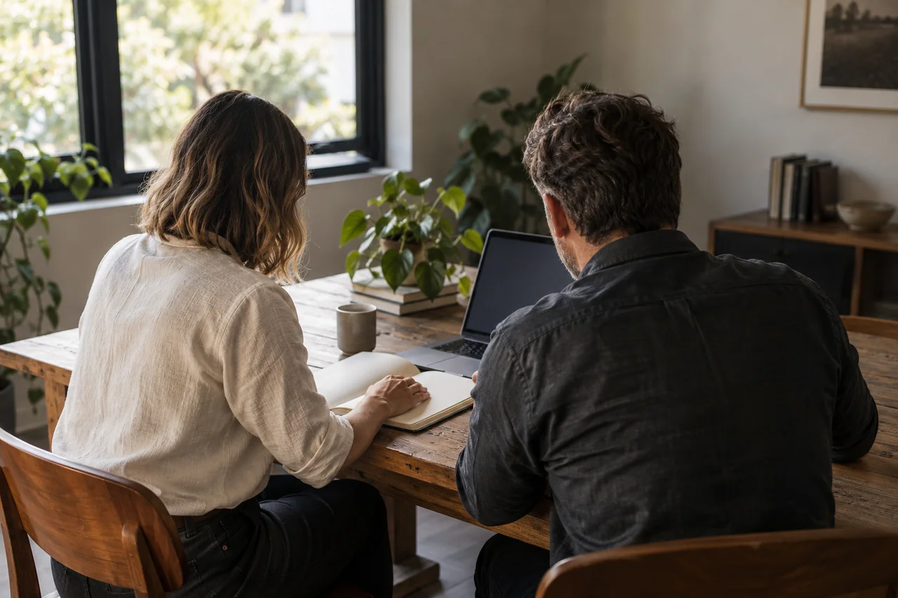 An adviser and client reviewing a notebook together at a timber table