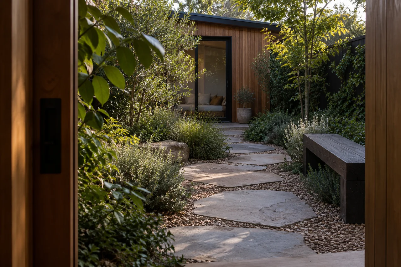 Illustrated landscaped courtyard with stone paving, native planting and timber garden studio