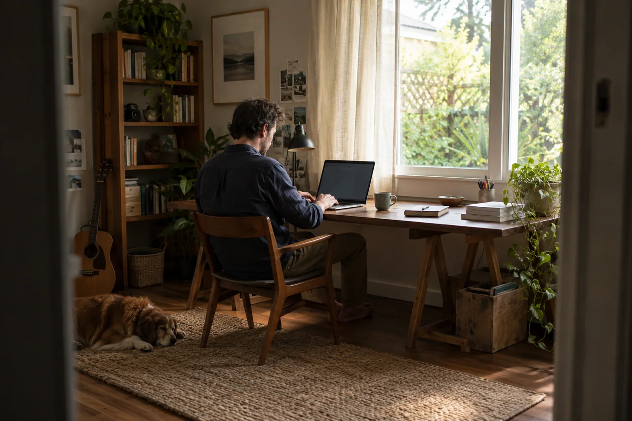 A freelancer working at a timber desk beside a window in a home studio