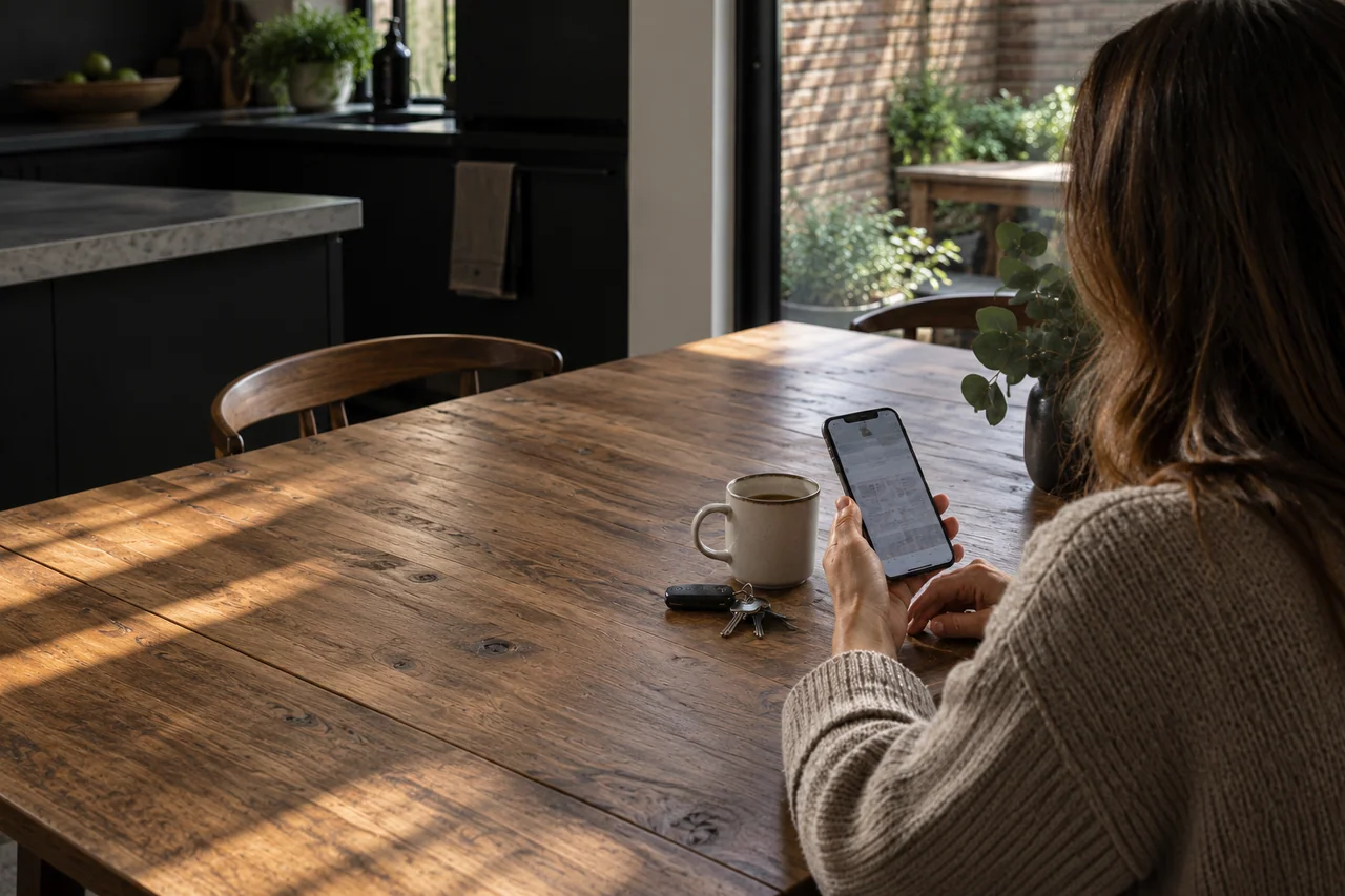 Illustration of a homeowner checking a trade website on her phone