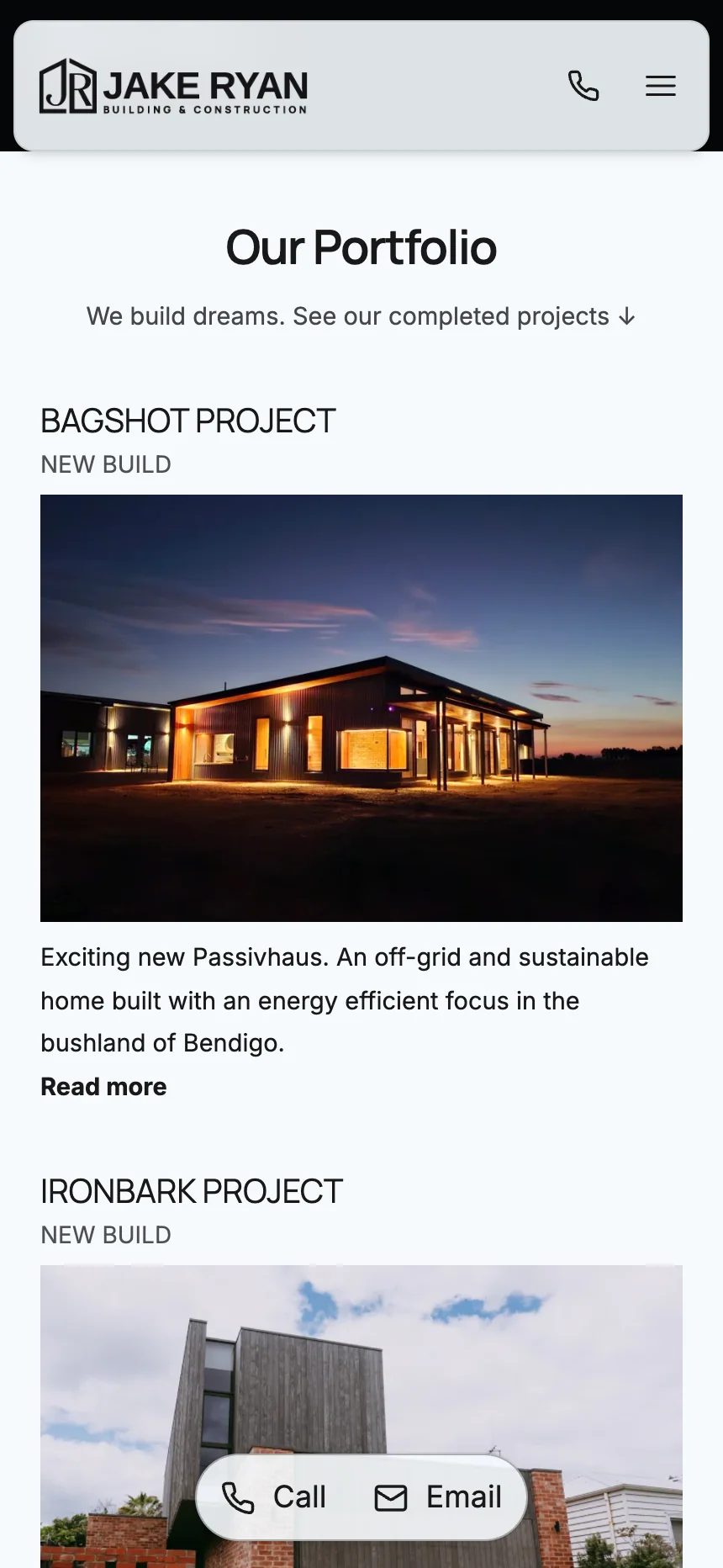 A builder's mobile website showing completed home projects