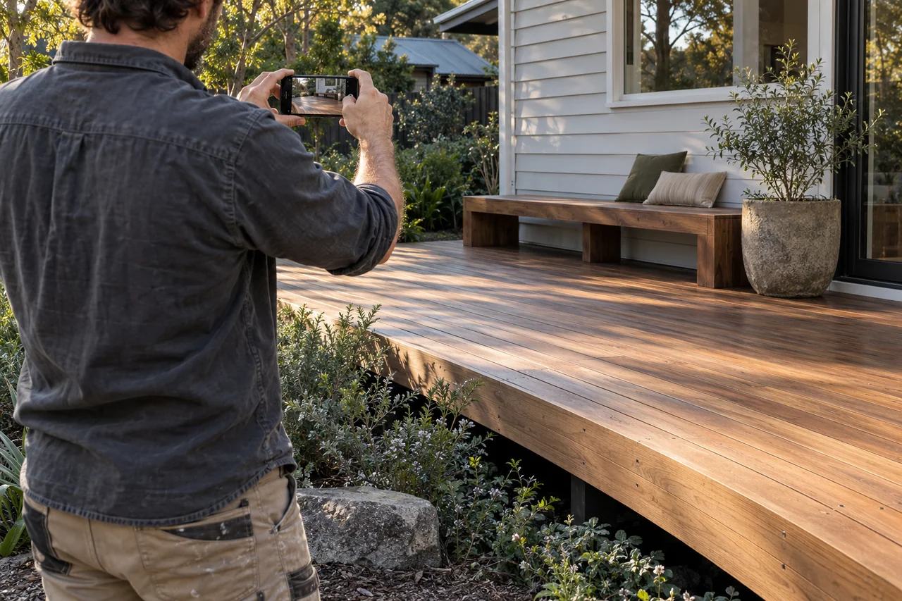 Illustration of a trade owner photographing a finished timber deck
