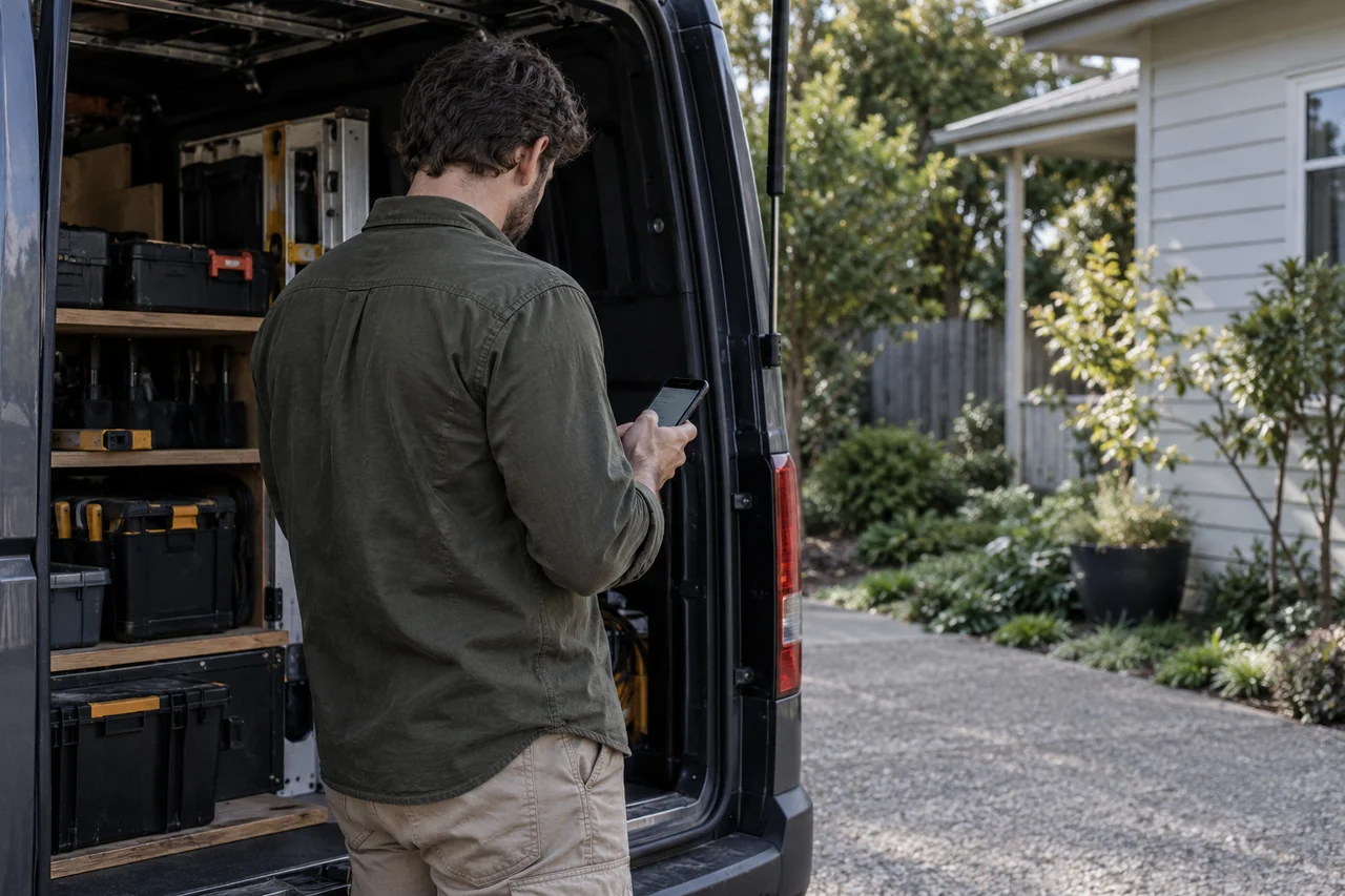 Illustration of a trade owner reading a message beside his work van