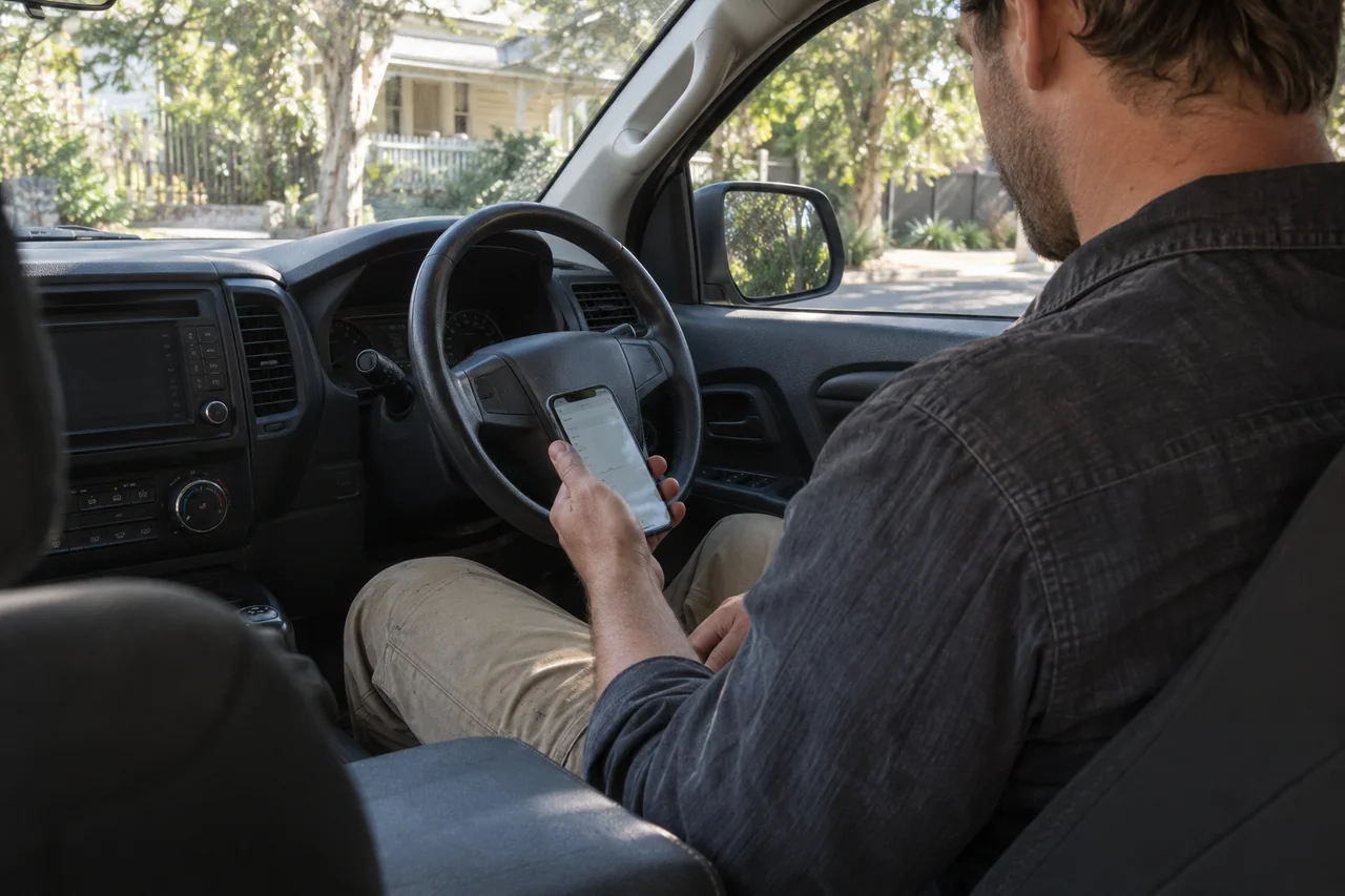 A tradie checking his phone in a parked ute between jobs